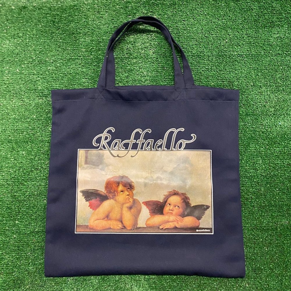 Vintage Raphael Raffaello Sistine Madonna Cherub Angel Painting Tote Bag Navy